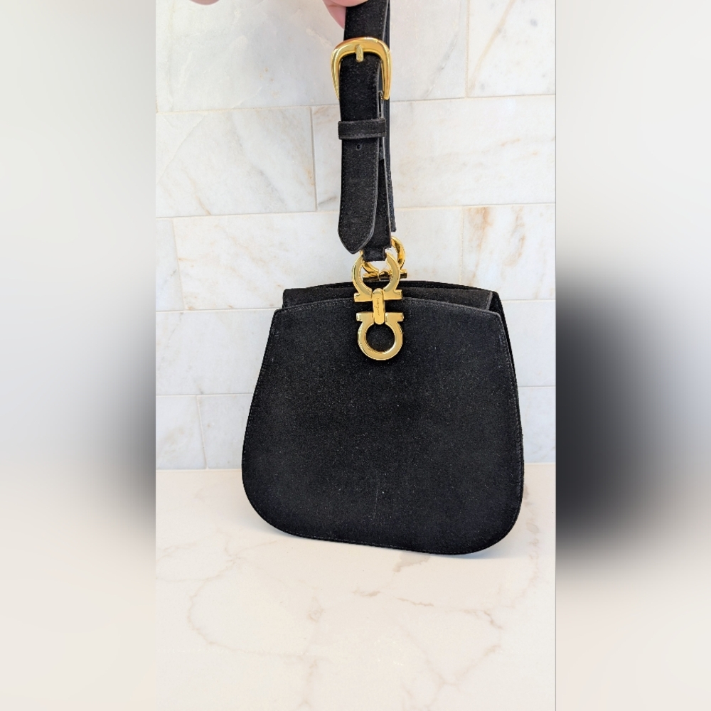 Salvatore Ferragamo Black Suede Handbag with Gold Accents